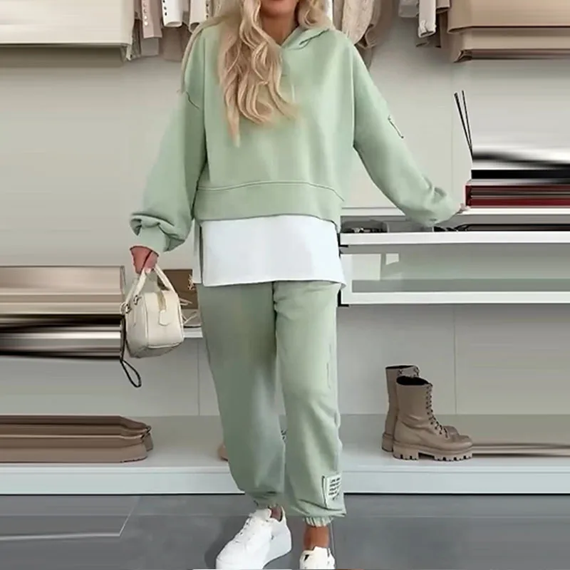 بدلة رياضية بقلنسوة غير رسمية ملونة للخريف والشتاء بأكمام طويلة مع قلنسوة وسراويل مكونة من قطعتين ملابس لياقة بدنية نسائية بسيطة