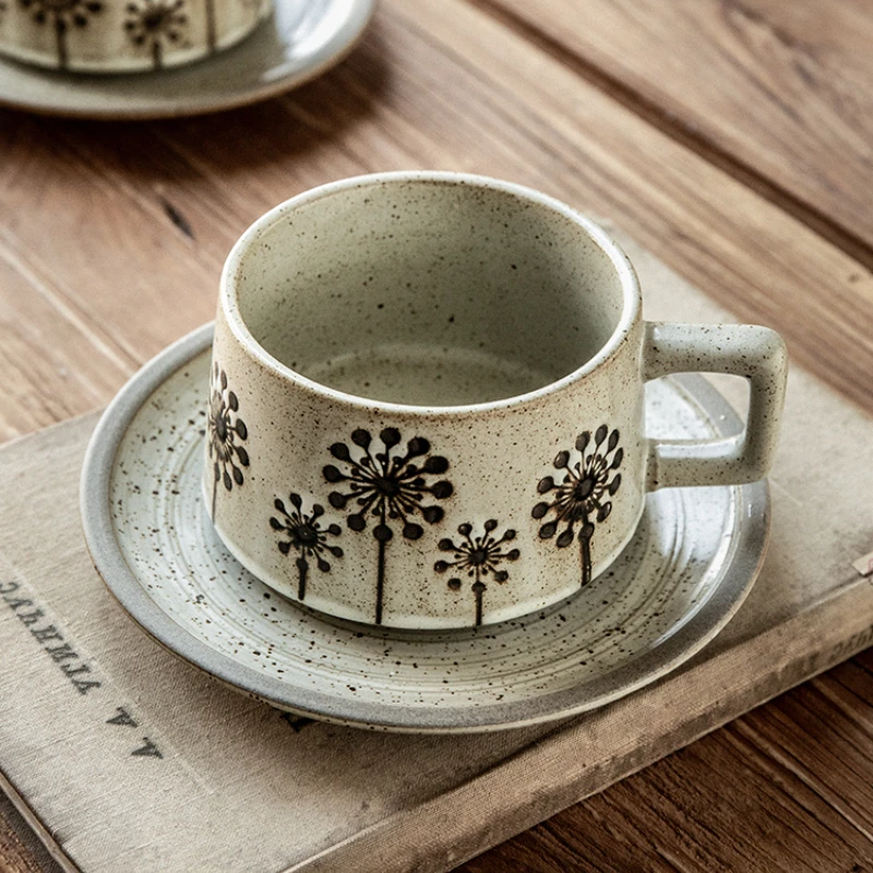 

Japanese coarse pottery coffee cup and saucer set retro afternoon tea set exquisite kitchen cup milk cup