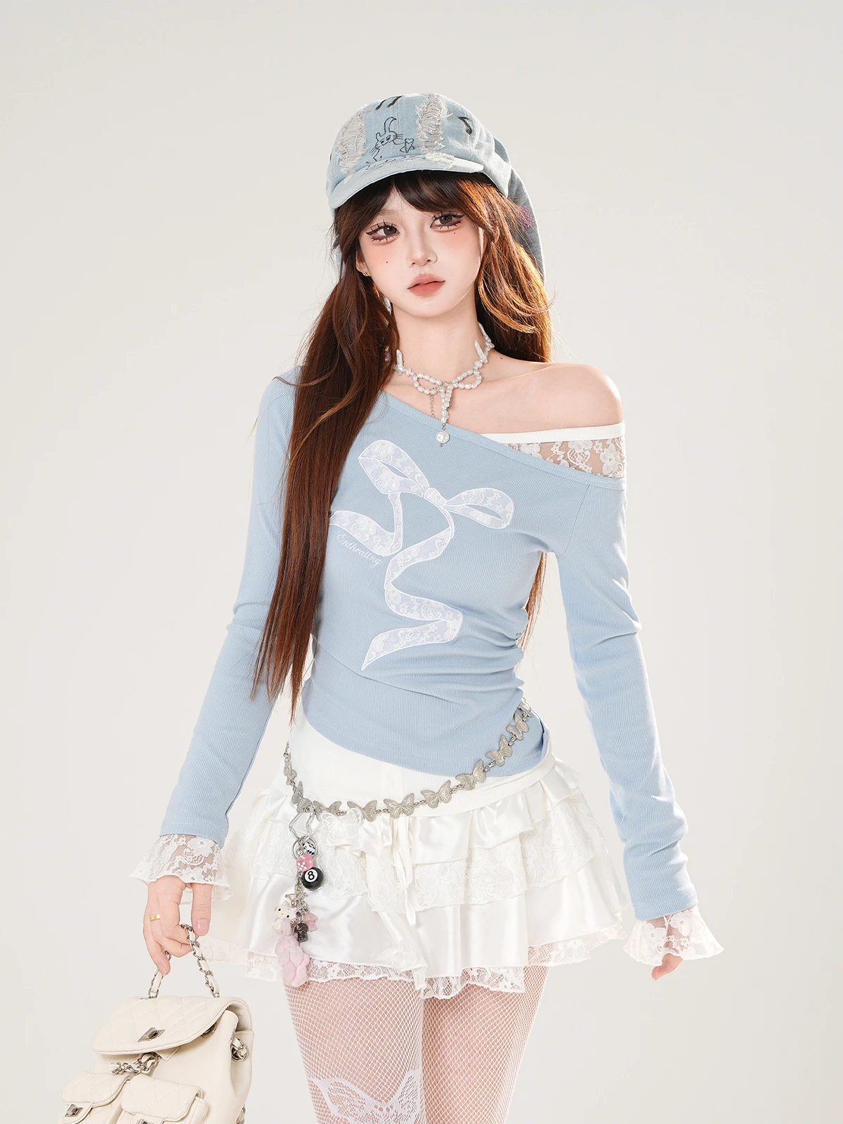 

kit Sweet Desire Chic Sister American Sle Long Sve Oblique oulder Lace Embroidery T-irt Women's Waist Slimmin...