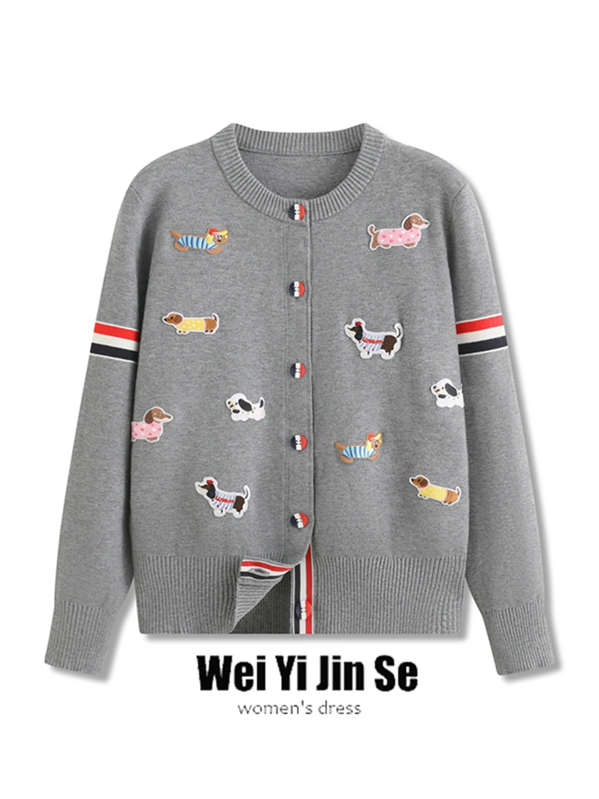 

Soft Cozy Women's Knitted Open Cardigan Loose round Ne College Sle Sausage Dog Embroidery Spring Autumn New Arrival