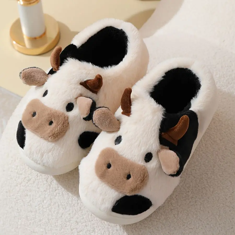 Couple Indoor Cow Plush Slippers Autumn And Winter Indoor Household Cotton Slippers For Warmth Thick Bottom And Thick Plush Slip