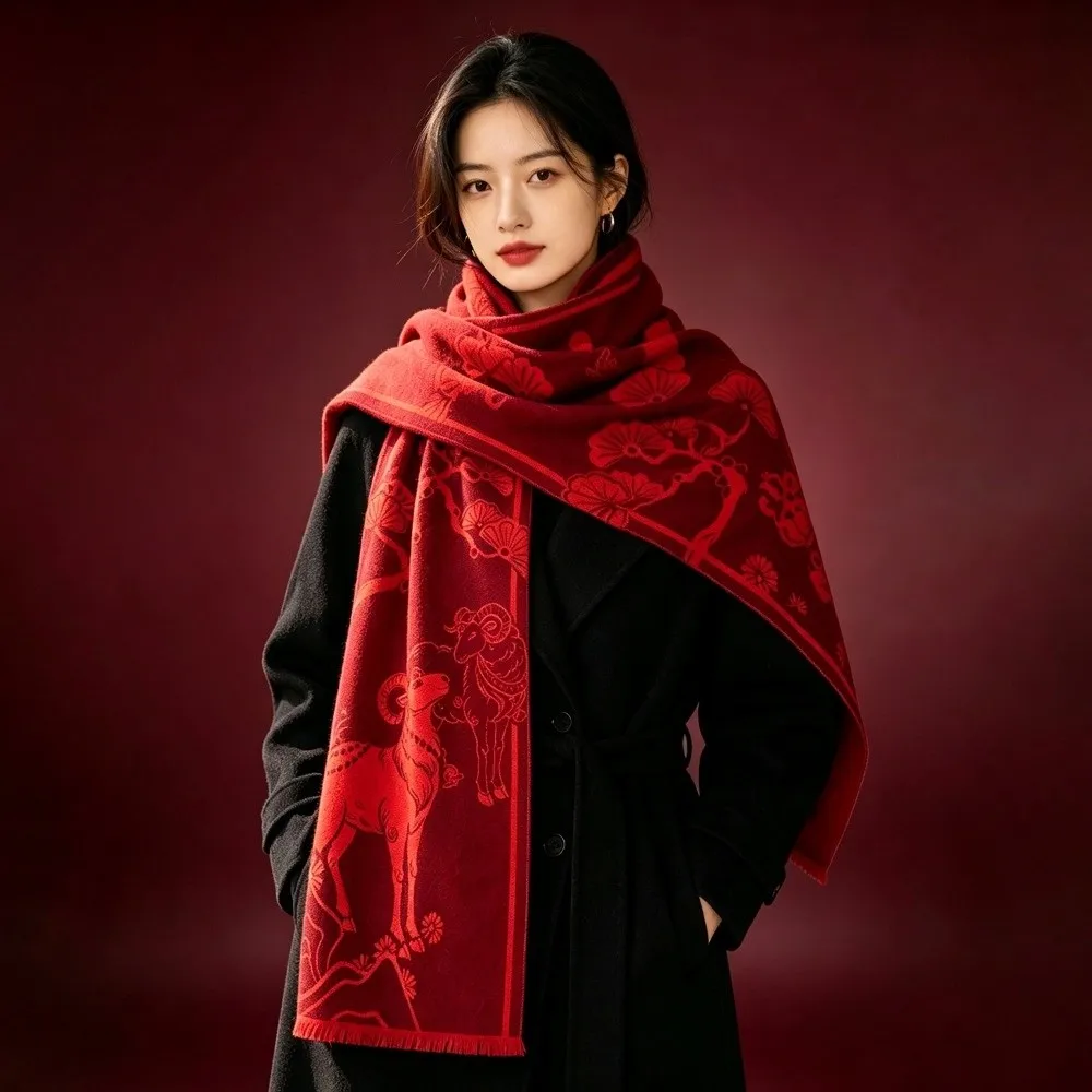 Lamb Cartoon Shape Chinese New Year Sheep Long Scarf Windproof Outdoor Winter Cashmere Scarves Thicken Warm Red Long Shawl Women