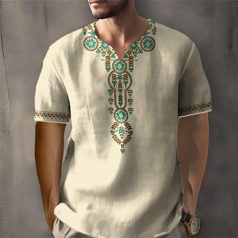 Vintage T-shirt For Men African Traditional Ethnic Style Print T-shirt Loose V-Neck Short Sleeved Tee Oversized Men Clothing Top