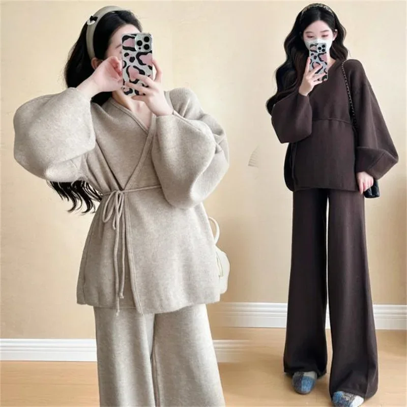 Korean Women Fashion Loose Sweater Two Piece Set Spring Female Lantern Sleeve Cardigan Sweater Wide Leg Pants 2PCS Knit Outfit