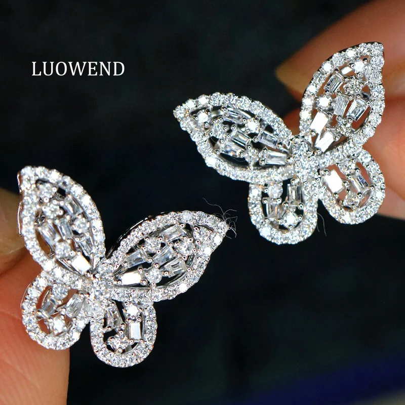 

Серьги LUOWEND из 100% белого золота 18 карат, роскошные серьги в форме бабочки, 0,88 карата, серьги-гвоздики с натуральными бриллиантами для женщин, изысканные ювелирные изделия