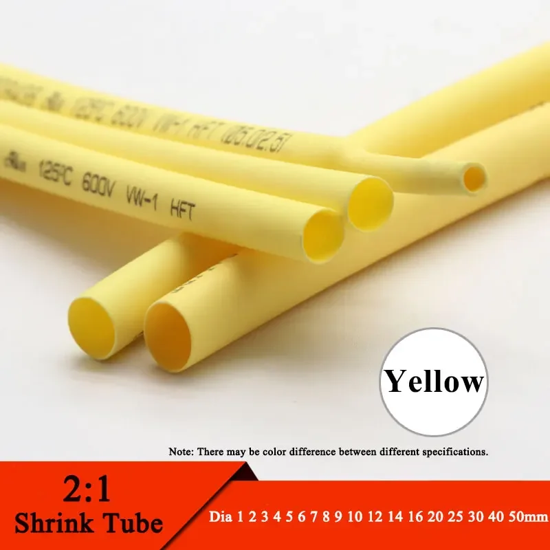 1M Yellow Dia 1 2 3 4 5 6 7 8 9 10 12 14 16 20 25 30 40 50 mm Heat Shrink Tube 2:1 Polyolefin Thermal Cable Sleeve Insulated