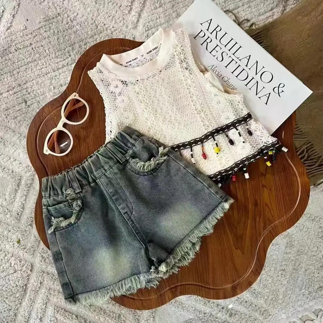

Children and Girls Summer Style Set 2025 New Hollowed Out New Halter Vest Denim Shorts Top Three Sets 100-150cm