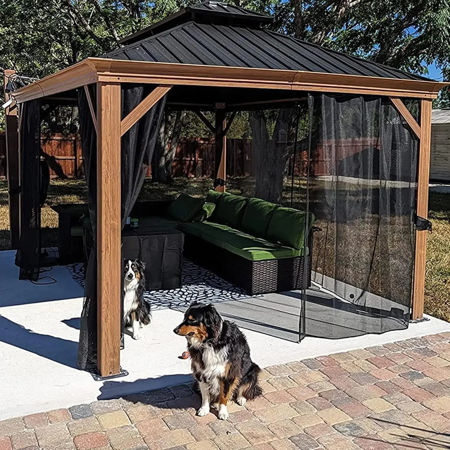 10' X 14' Outdoor Hardtop Gazebo for Patio Teak Finish Coated Aluminum Frame Pavilion with Netting