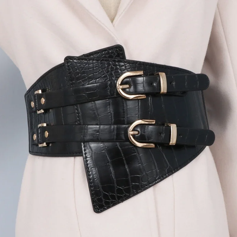 KLV Fashion Retro Lady corsetto a forma ampio elastico in ecopelle cintura nera cintura elasticizzata nuovo