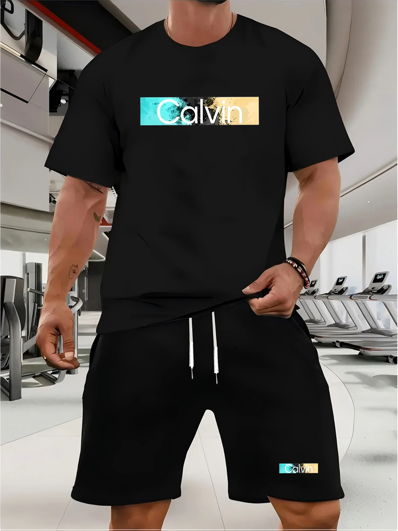 

2025 Элегантный и повседневный мужской комплект из футболки и шорт, спортивный комплект, свободный и удобный летний комплект с круглым вырезом для студентов и молодых мужчин