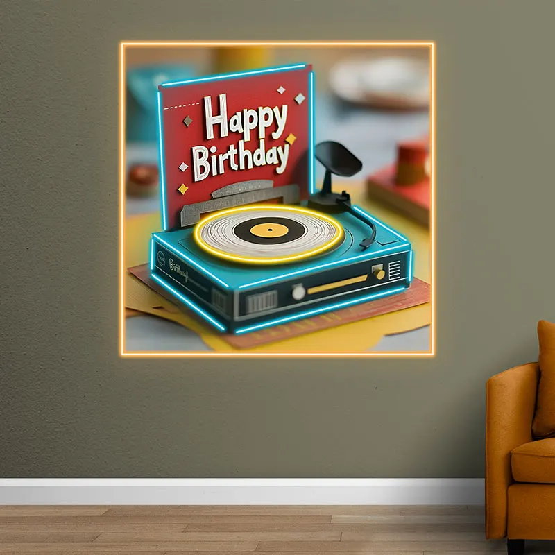 Retro Vinyl Record Player Birthday Neon Sign - Vintage LED Light for Music Lovers, Party Decor and Home Decoration - Unique Gift