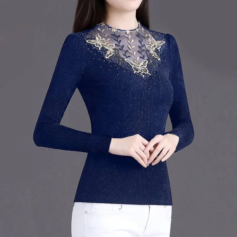 2023 Autumn and Winter New Elegant Versatile Commuter Women's Clothing Hollow Out Standing Collar Long Sleeve Casual Pullover