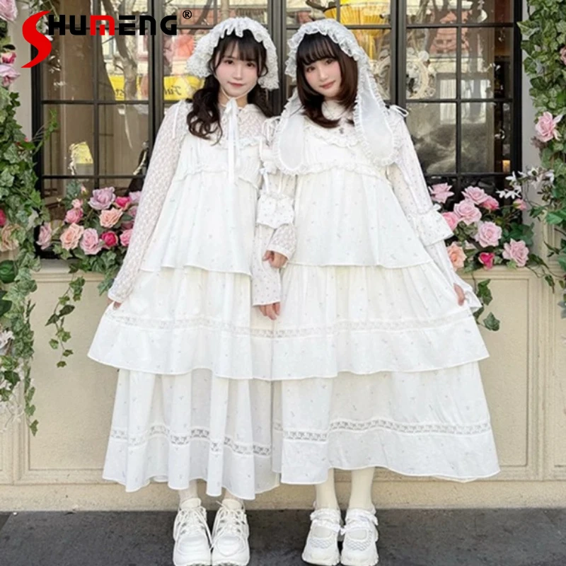 

Cartoon Printed Embossed Flower Tiered Lace Cami A-line Cake Long Dress Elegant Layered Slip Dresses Cute Fairy Daily Party Wear