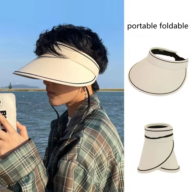 Fashion Solid Color Travel Portable Foldable Imitation UV Empty Top Sun Hat for Women Summer Large Brim Beach Casual Hat for Men