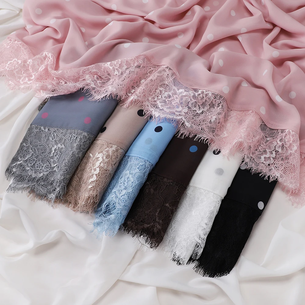 Eleganter Polka-Dot-Hijab, leichter Spitzen-Schal, Chiffon-Kopftuch, verziertes Kopftuch, klassischer Gebets-Hijab, langer Schal – Detail 10