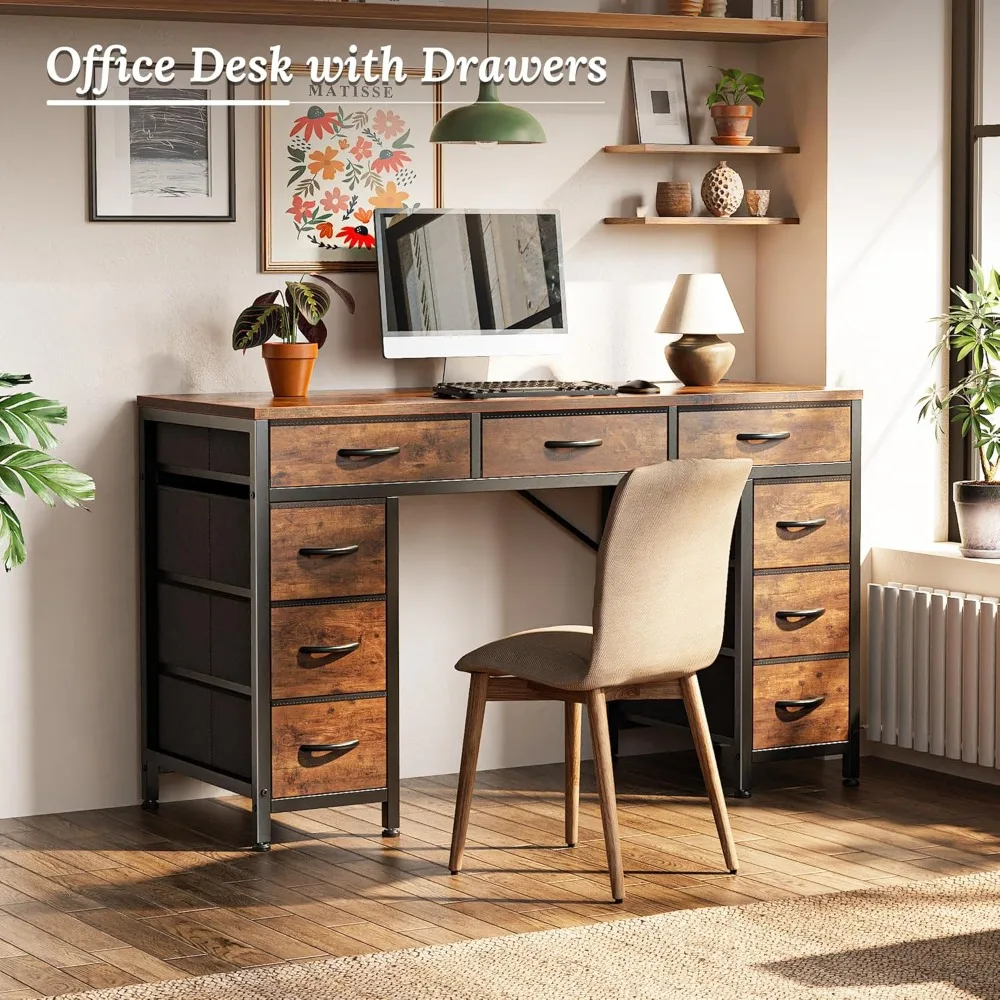 

47 Inch Office Desk with Outlets, Computer Desk with 9 Fabric Drawers, Writing Gaming Work Study Desk for Bedroom, Livin