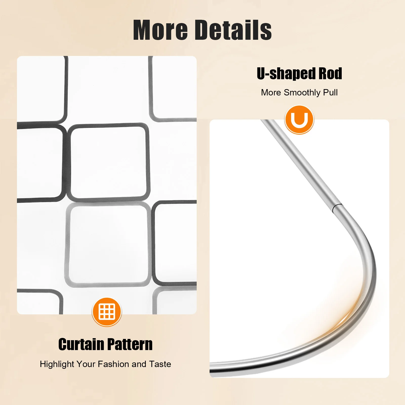 

U-Shaped Stainless Steel 44lbs Load Shower Curtain Rod No Drilling Required with Curtain for Bathroom Toilet Dry Wet Separation