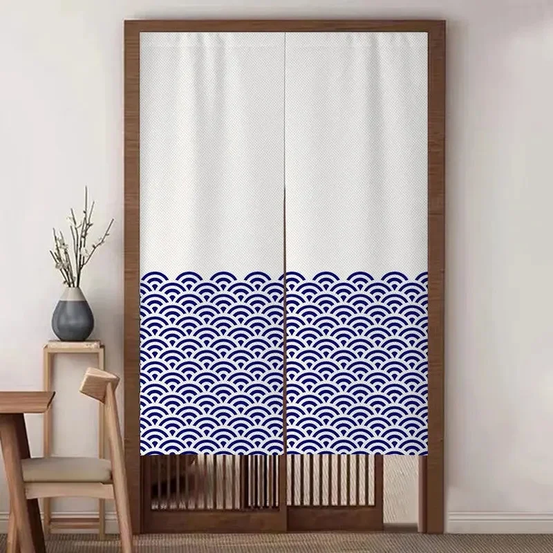 VIKAMA Japanese Seigaiha Noren Door Curtain Blue Wave Print Fabric Partition Curtain for Home Kitchen Entrance Decor