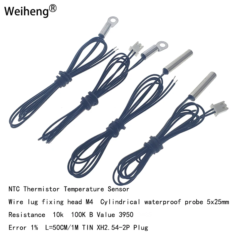 NTC Thermistor 10Pcs Wire Lug Fixing Head M4 Cylindrical Waterproof Probe 5x25mm 100K 10k B3950 L50CM/1M XH Temperature Sensor