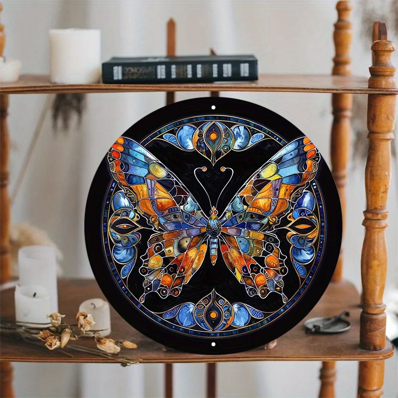 Stained Glass Butterfly Mandala with Pre-Drilled Holes, Aluminum Sign, UV and Scratch Resistant, Outdoor and Indoor Wall Decor