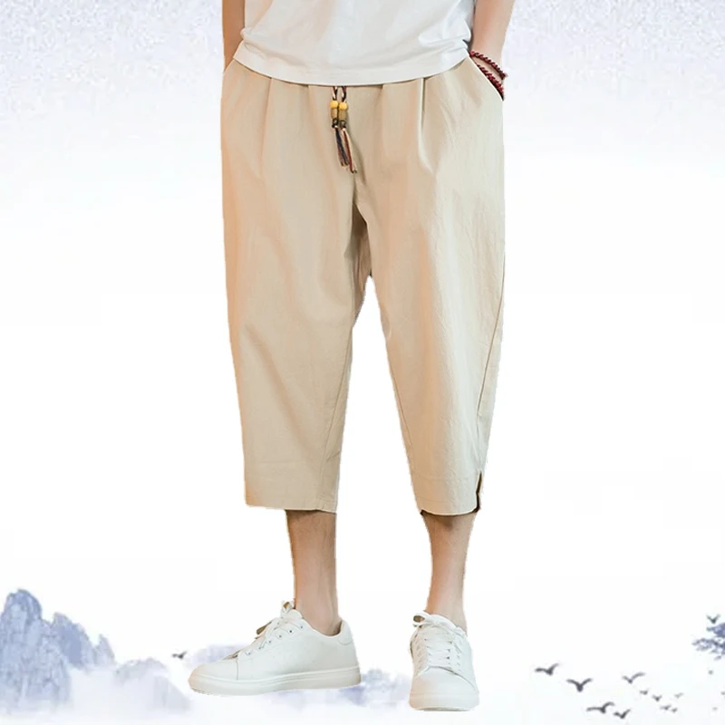 

2022 Summer Cotton and Linen Cropped Pants Men's Loose Solid Color Chinese Style Casual Pants Drawstring Elastic Waist