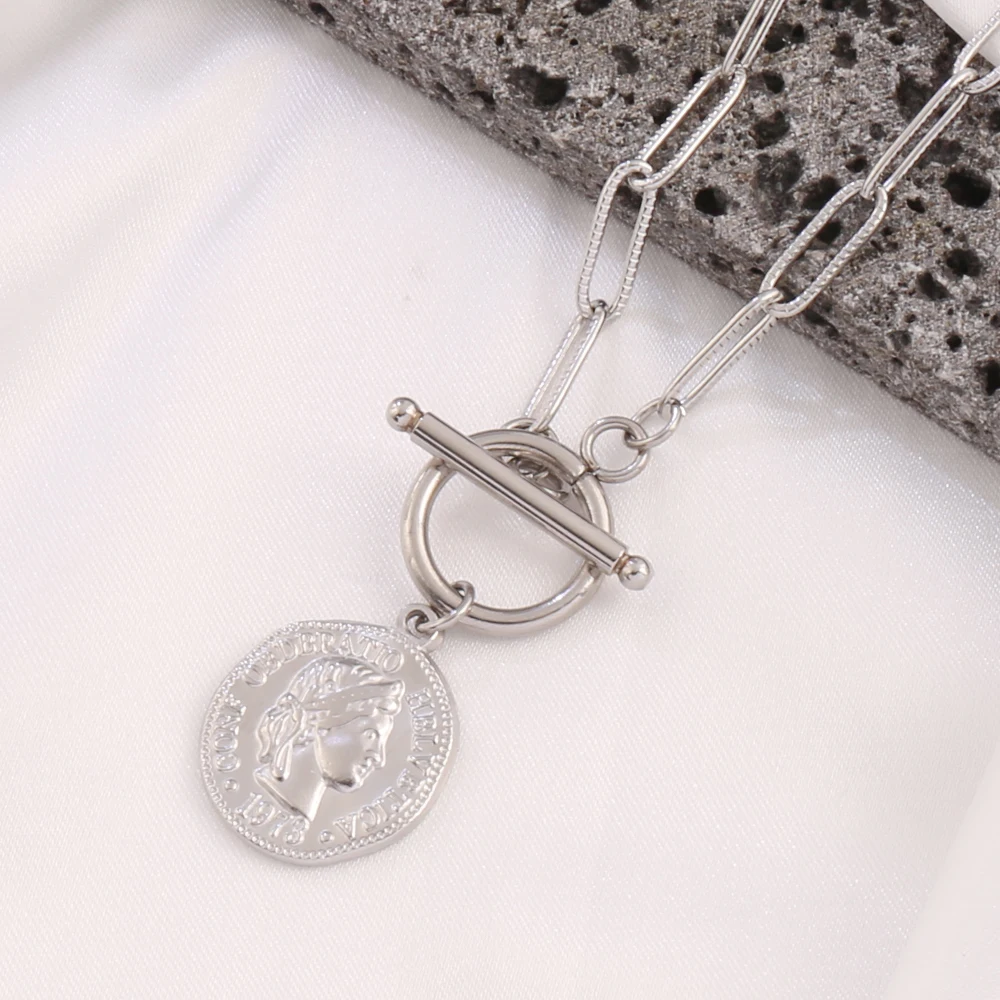 316L الفولاذ المقاوم للصدأ عملة قلادة قلادة للنساء فاسق الذهب اللون جولة سحر سلسلة القلائد مجوهرات