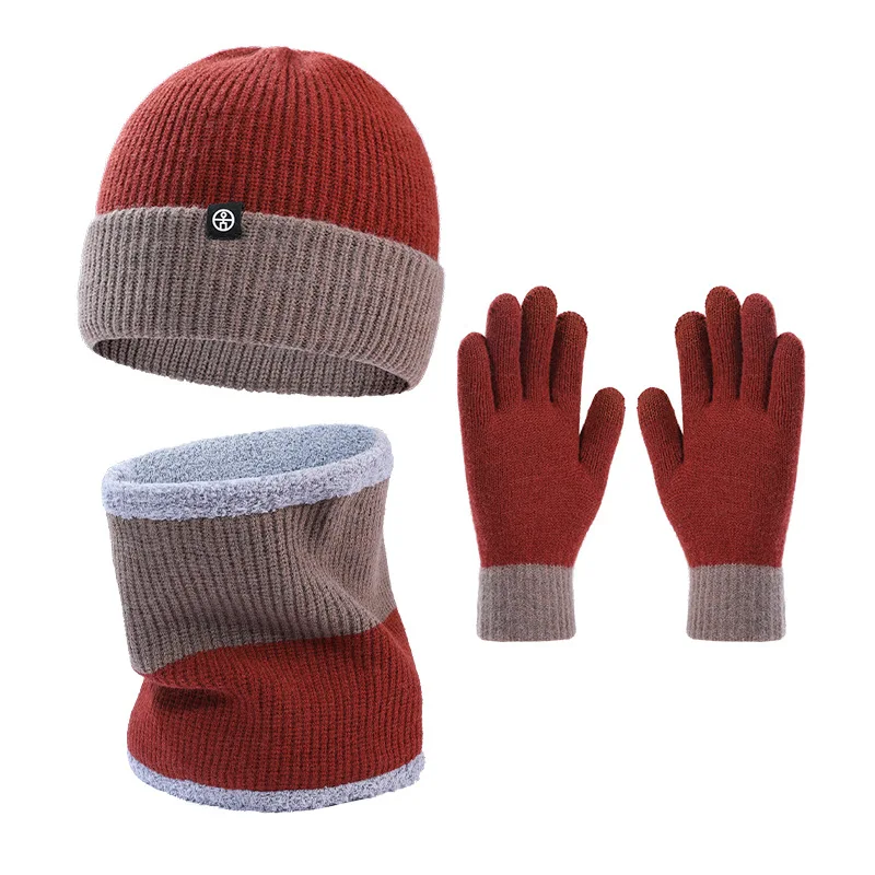 3pcs Winter Hat Snood Glove Sets for Women and Men Beanies Bicolor Knit Double Layer Plush Fleece-lined Winter Cap Sets Scarf