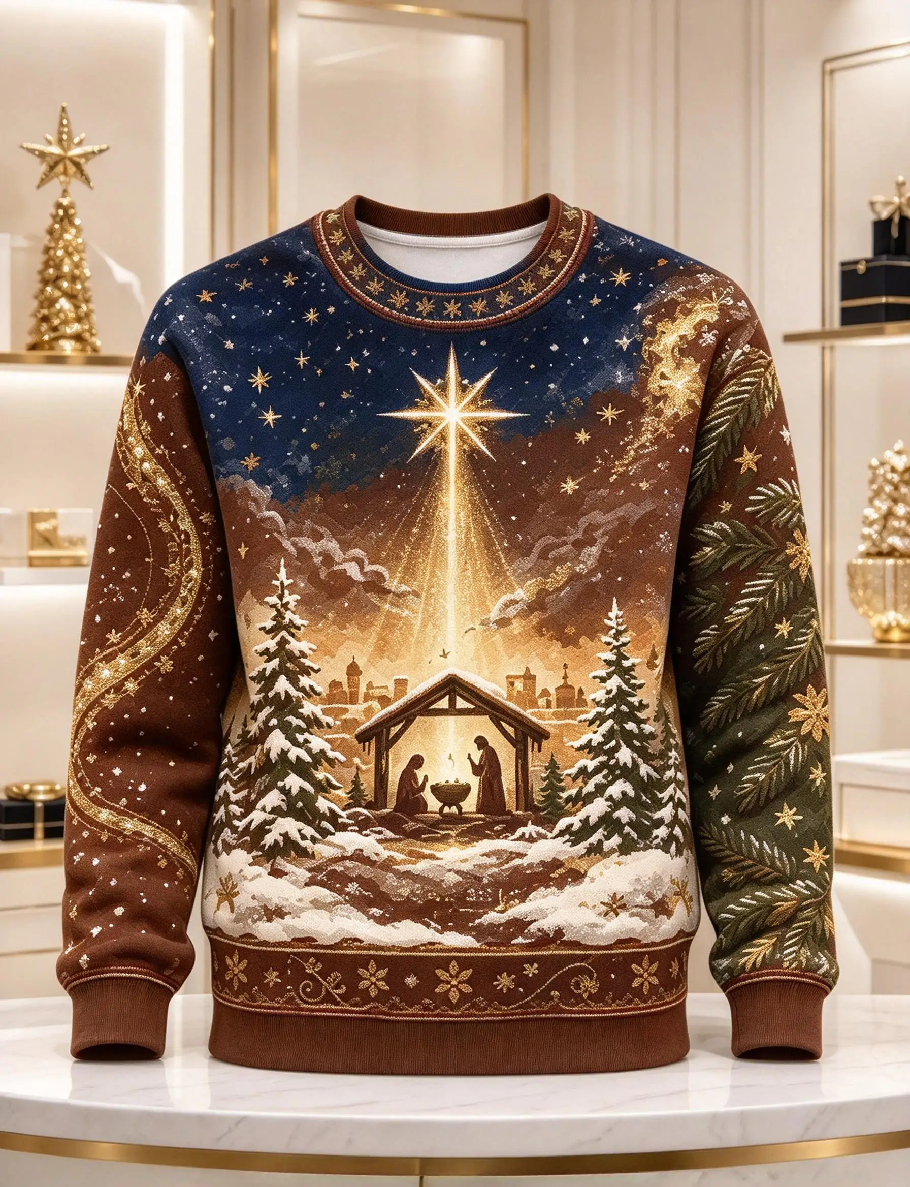 Men Crewneck Sweatshirt, Christmas Nativity Scene Star Snow Tree Polyester Pullover