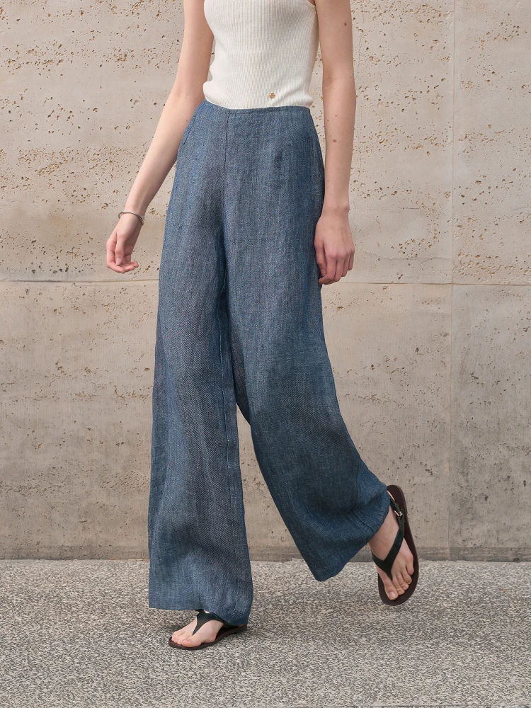 Pure Linen Blue Casual Pants Women's Slant Pattern Weave Straight Leg Wide Leg Loose Drapey Comfortable Low Waist Elastic