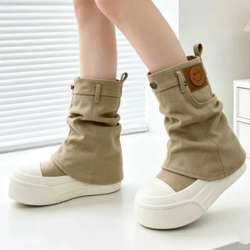 2026 Fashionable Round Toe Thick Soled Non Slip Women's Mid Calf Boots New Fold Cuff Pleated Comfort Outdoor Boots for Women - view 3