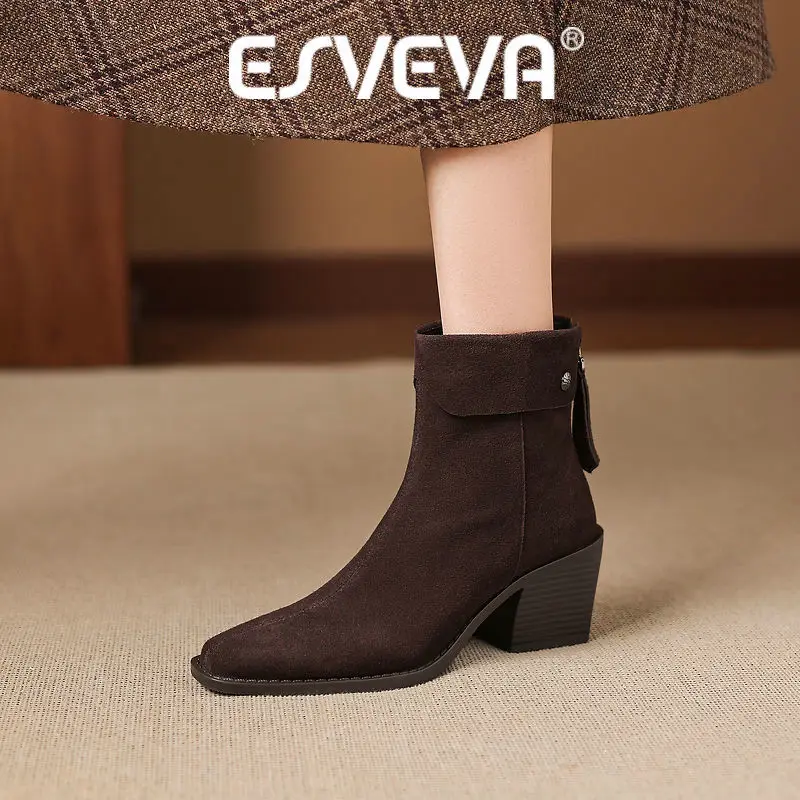 ESVEVA 2027 Fashion News Cow Suede Women Ankle Boots High Heels Winter Sexy Modern Woman Shoes Motorcycle Short Boots 34-42