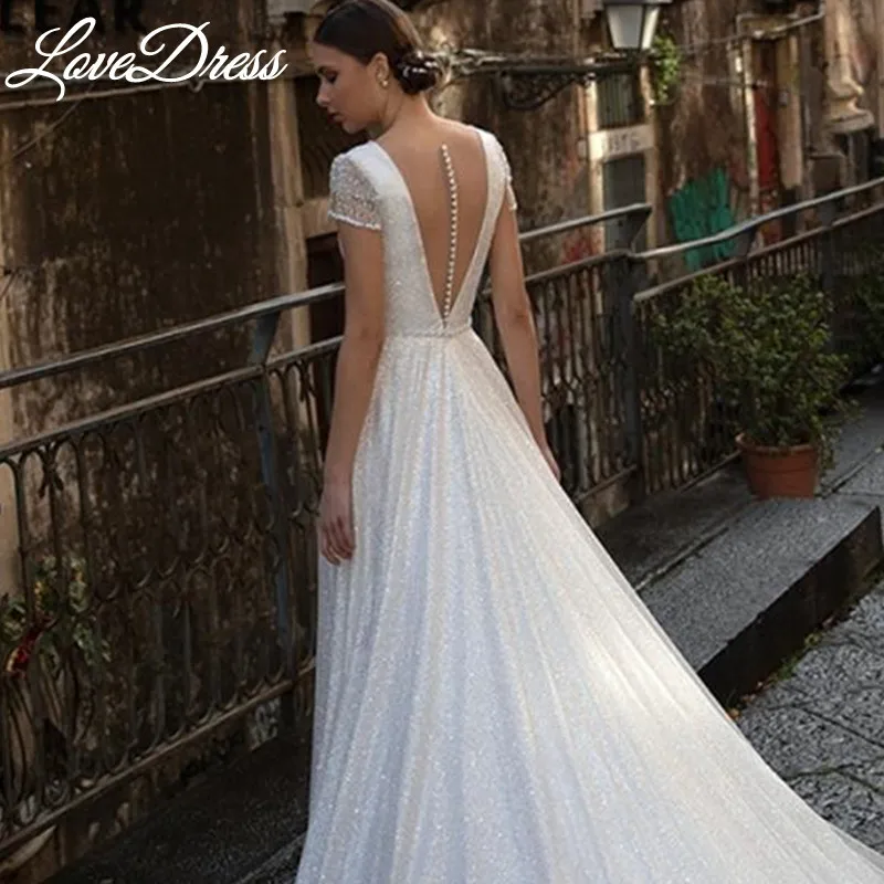 Gaun pernikahan berkilau LoveDress 2024 untuk wanita leher V Boho rumbai A-Line gaun pengantin gaun ilusi Tulle kancing Vestido De Novia