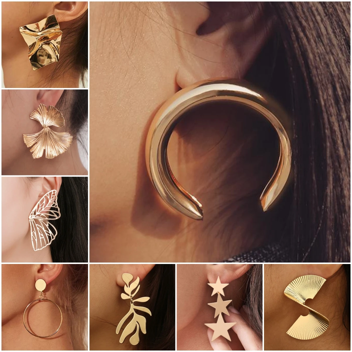 Exaggerated Geometric Statement Earrings Simple Metal  Star Flower Leaf Butterfly Round Heart Earrings Women Vintage Jewelry