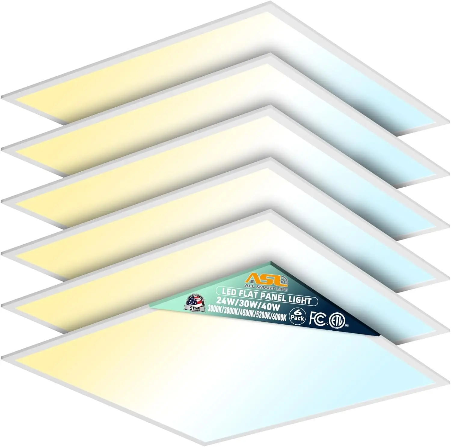 Paquete de 6 Paneles LED Planos 2x2, Regulables, 5 Opciones de Temperatura de Color (3000K-6000K), 24W/30W/40W, Retroiluminados para Techo Suspendido en Oficinas Comerciales