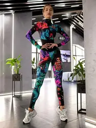 Oshoplive Women Fashion Colorful Printed Zipper Sports Jumpsuit 2024 New Long Sleeves Fitness Gym Yoga High Waist Jump Suits