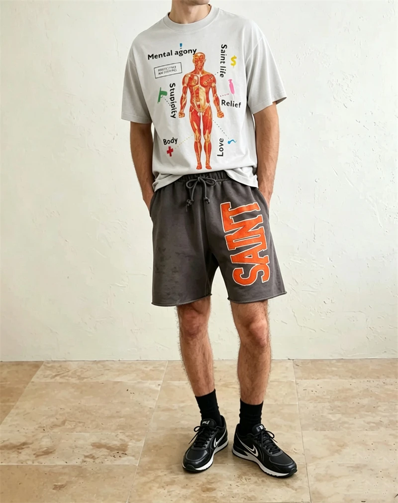 New Summer Vintage SAINT Mx6 Soft Comfortable High Street Washed Shorts Casual Loose Pure Cotton Versatile Men Oversize view 3