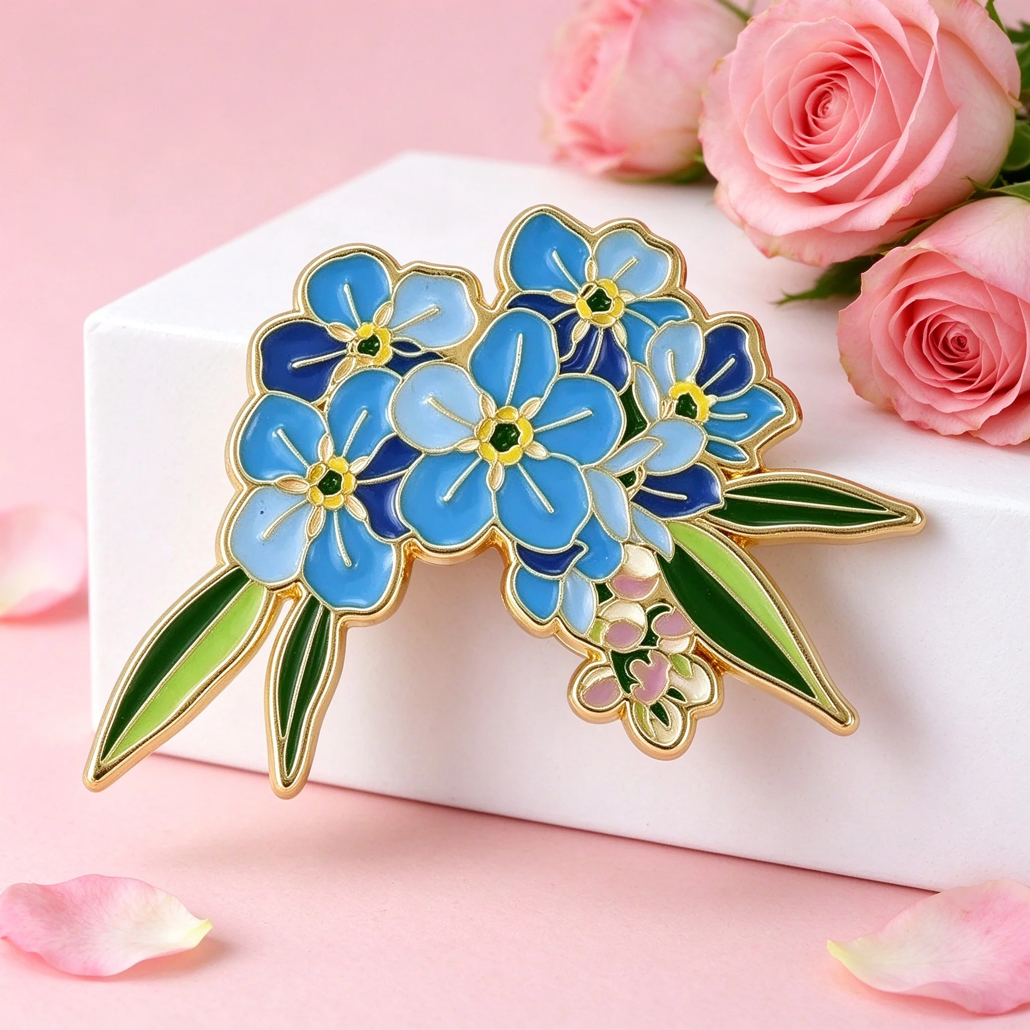 Blue Forget-Me-Not Flower Bouquet Green Leaves Gold Outline Enamel Brooch Floral Coat Scarf Backpack Badge Gift 1 Piece