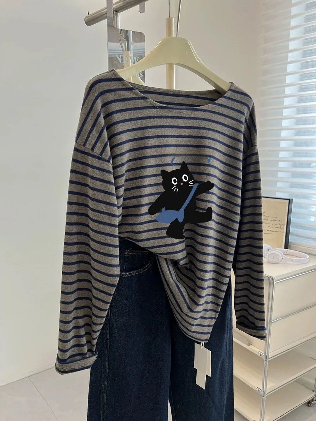 

Женская футболка с длинным рукавом и круглым вырезом, в полоску, мягкая, свободного кроя, для ранней осени, базовый слой, топ