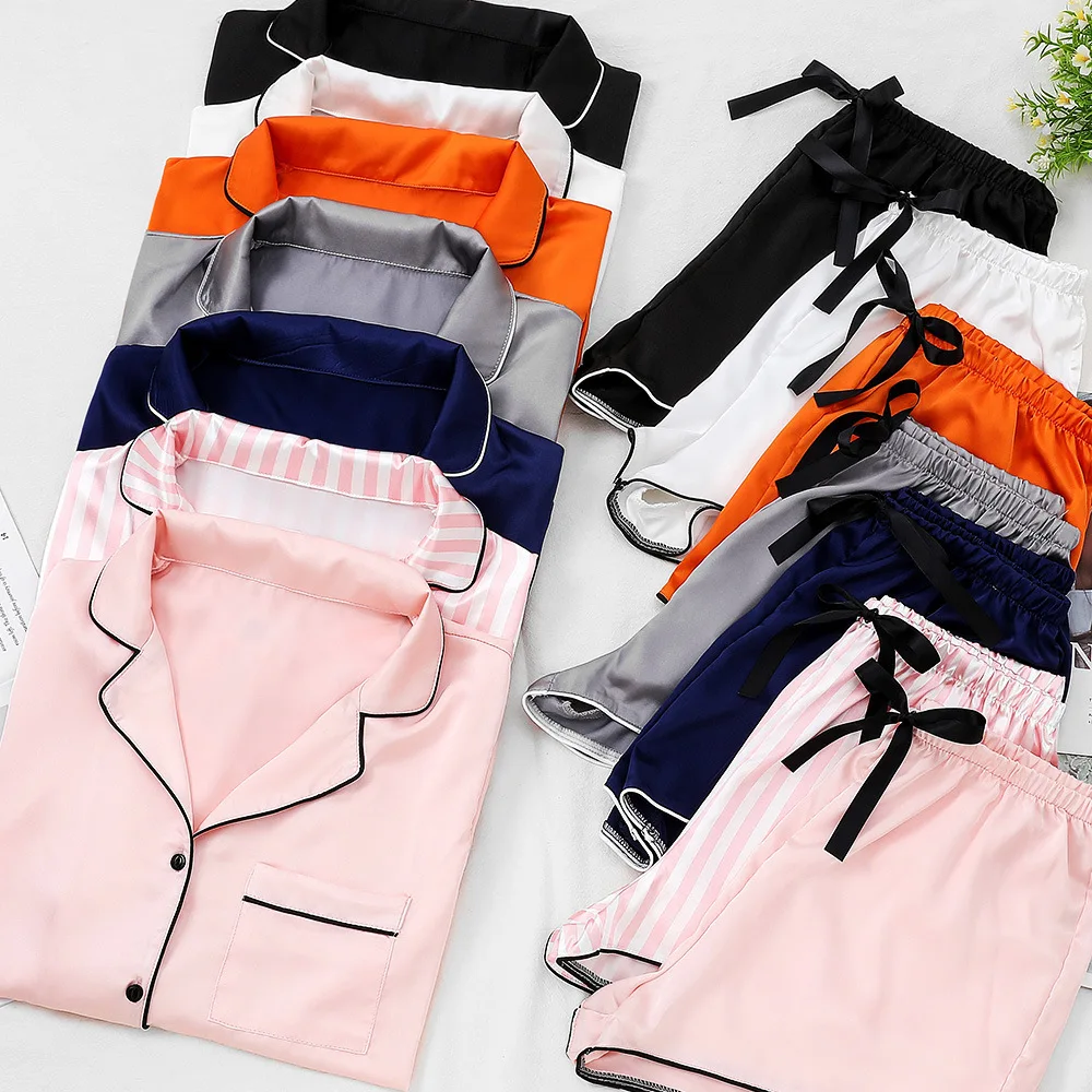 Einfarbig Basic Einfache Mode Revers Satin Eis Seide Pyjama Ärmel Kurze Zwei-Stück Set Homewear