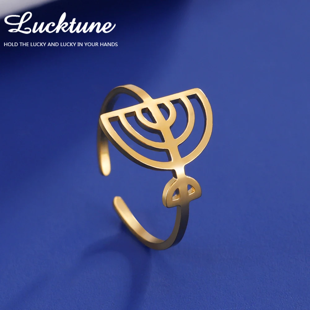 Lucktune Judaism Menorah Symbol Open Rings for Women Men Stainless Steel Religious Lampstand Sacred Amulet Ring Hanukkah Jewlery