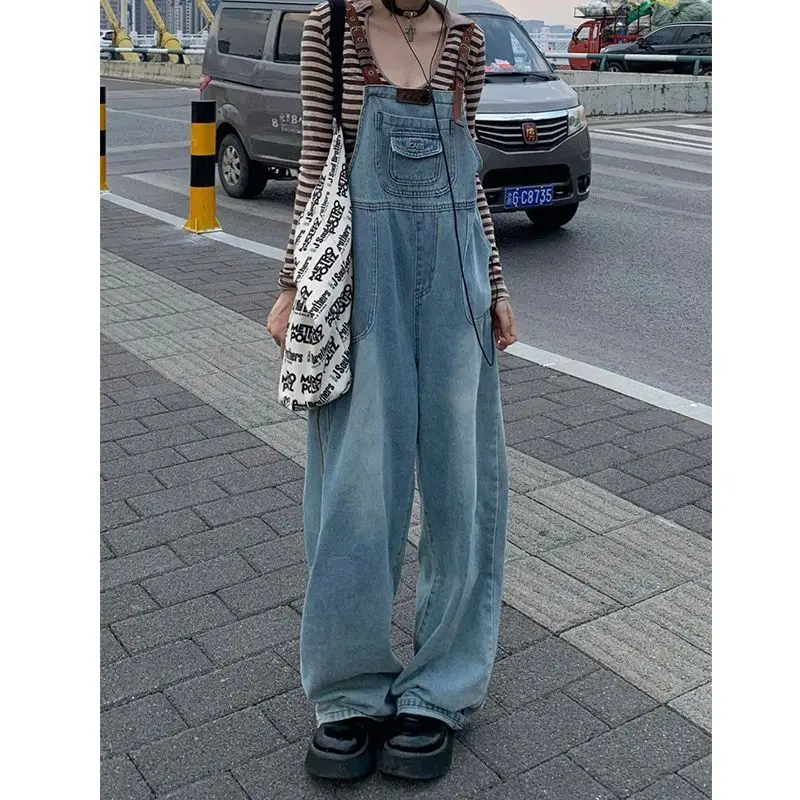 

Retro Versatile Blue Denim Shoulder Pants for Women's 2024 Spring New Loose and Age Reducing Wide Leg Pants Female Clothing