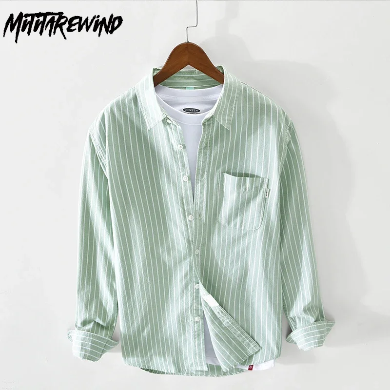 

Korean Style Mens Long Sleeve Shirts Daily Casual Shirts Pure Cotton Tops Slim Lapel Pocket Striped Shirt Youth Camisa Hombre
