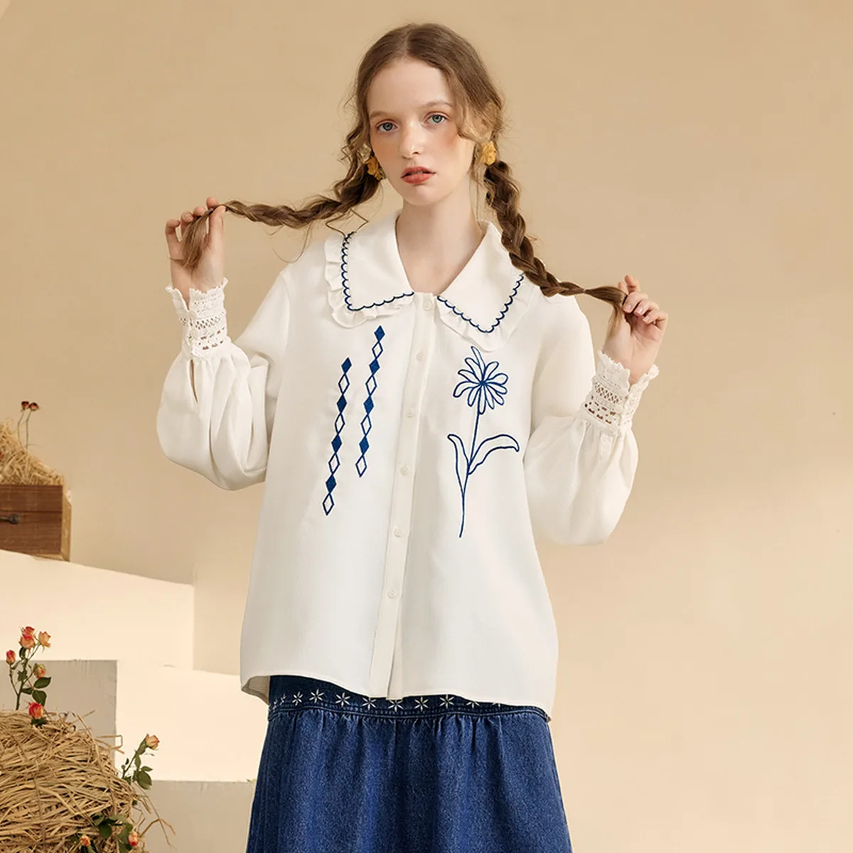 

Artistic Ruffle Collar Blouse with Floral Embroidery - Loose Long Sleeve for Women