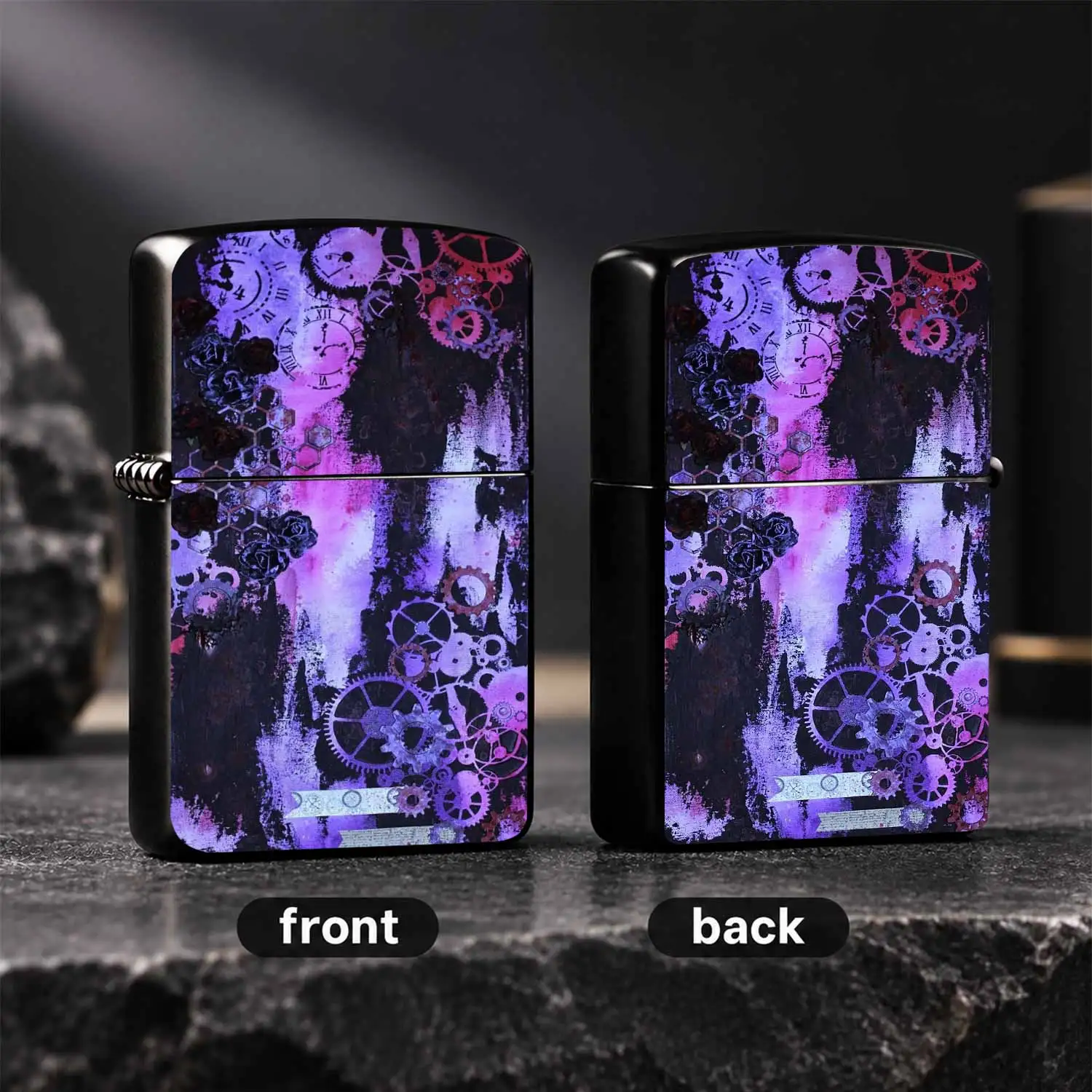 Steampunk Style Art Lighter With Gear Clock Rose Print, Unique Purple Pink Black Contrast Color Design, Portable Trendy Practical Accessory For Daily Multi-Scene Use, Ideal Gift Choice For And Personal Use, Exquisite Details To Add Distinct