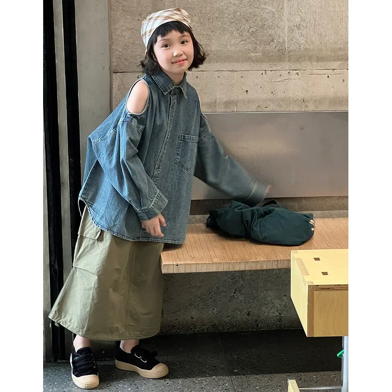 Girls Shirts 2024 Autumn New Childrens Wear Korean Baby Girl Fashion Off-the-shoulder Denim Shirt Fashion Casual Simple Daily