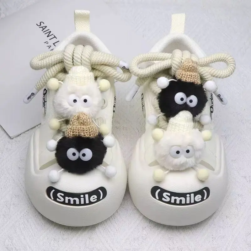 Cute Cartoon Black White Small Briquettes Elf Plush Ball Shoelace Buckle Pendant Decorative Buckle DIY Personality Shoe Accessor