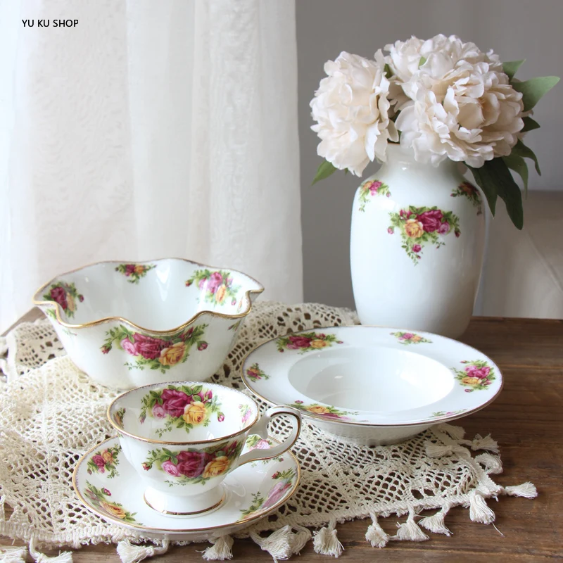 Phnom Penh Rose Tableware Bone China Dinnerware Plate Dinner Set Coffee Cup English Afternoon Tea Western Food Bowl Plate Mug