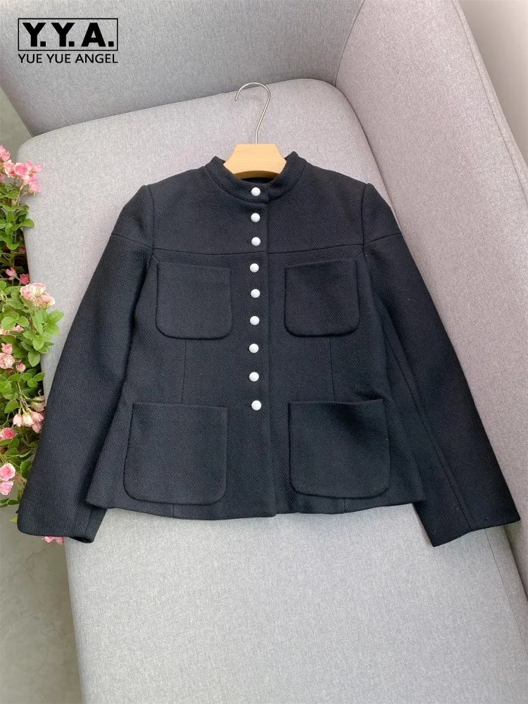 Office Ladies Elegant Stand Collar Tweed Jacket Single Breasted Pockets New Autumn Slim Fit Black Coat Women Fashion Outerwear