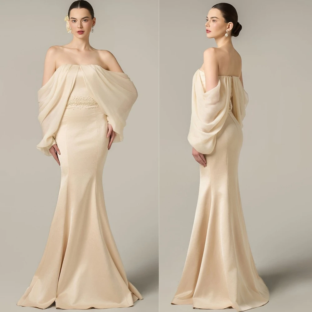 

Customized Luxury Satin Sweep Train Evening Dress Simple Mermaid Prom Dresses Luxury Strapless Crystal Special Occasion Gowns