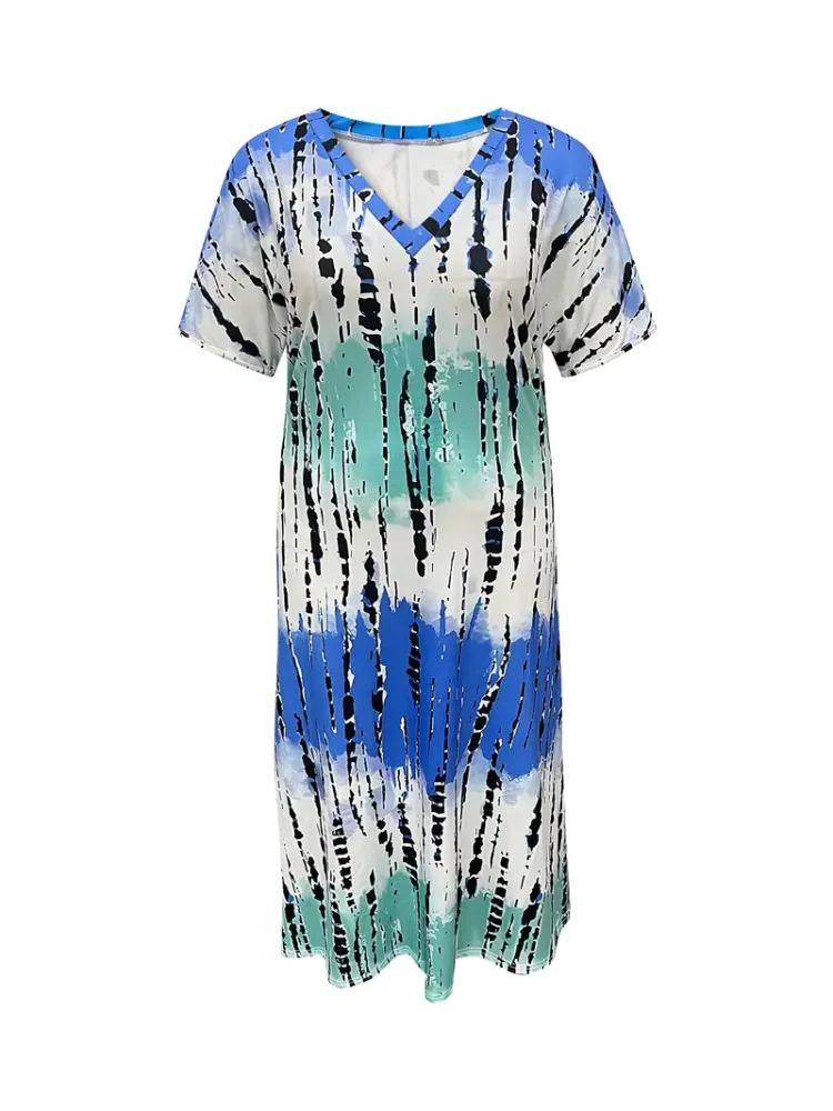 Plus Size Tie Dye V Neck Split Dress Vacation Style Sukienka z krótkim rękawem na wiosnę i lato Odzież damska Plus Size